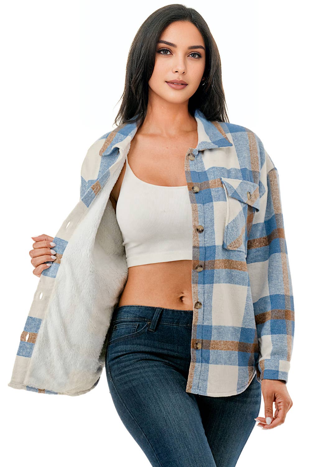 Plaid flannel shacket basic shirt jacket w/fur lined inside