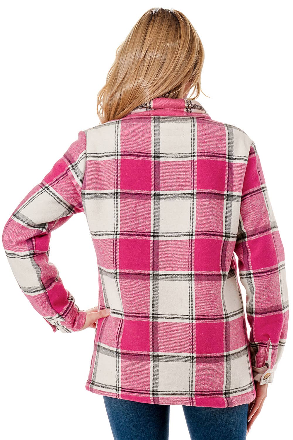 Fur lined plaid flannel shirt jacket shacket with pockets