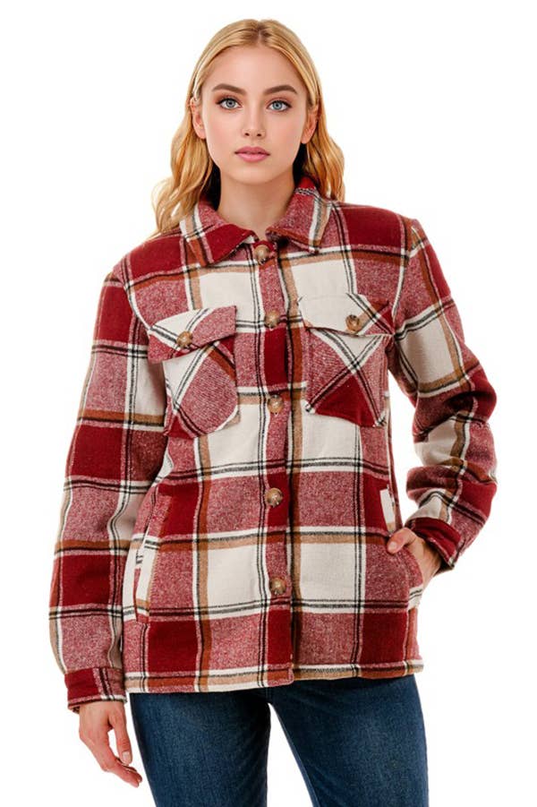 Fur lined plaid flannel shirt jacket shacket with pockets