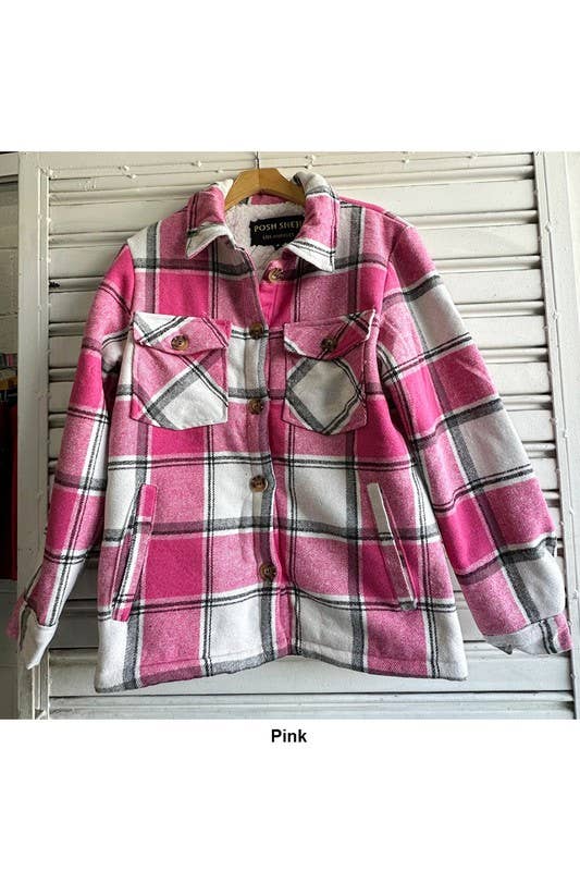 Fur lined plaid flannel shirt jacket shacket with pockets
