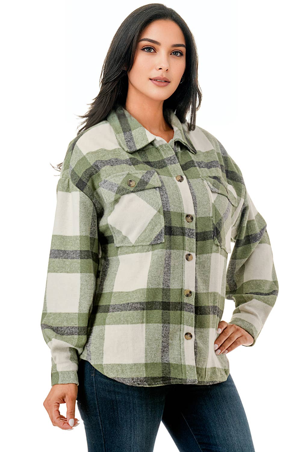 Plaid flannel shacket basic shirt jacket w/fur lined inside