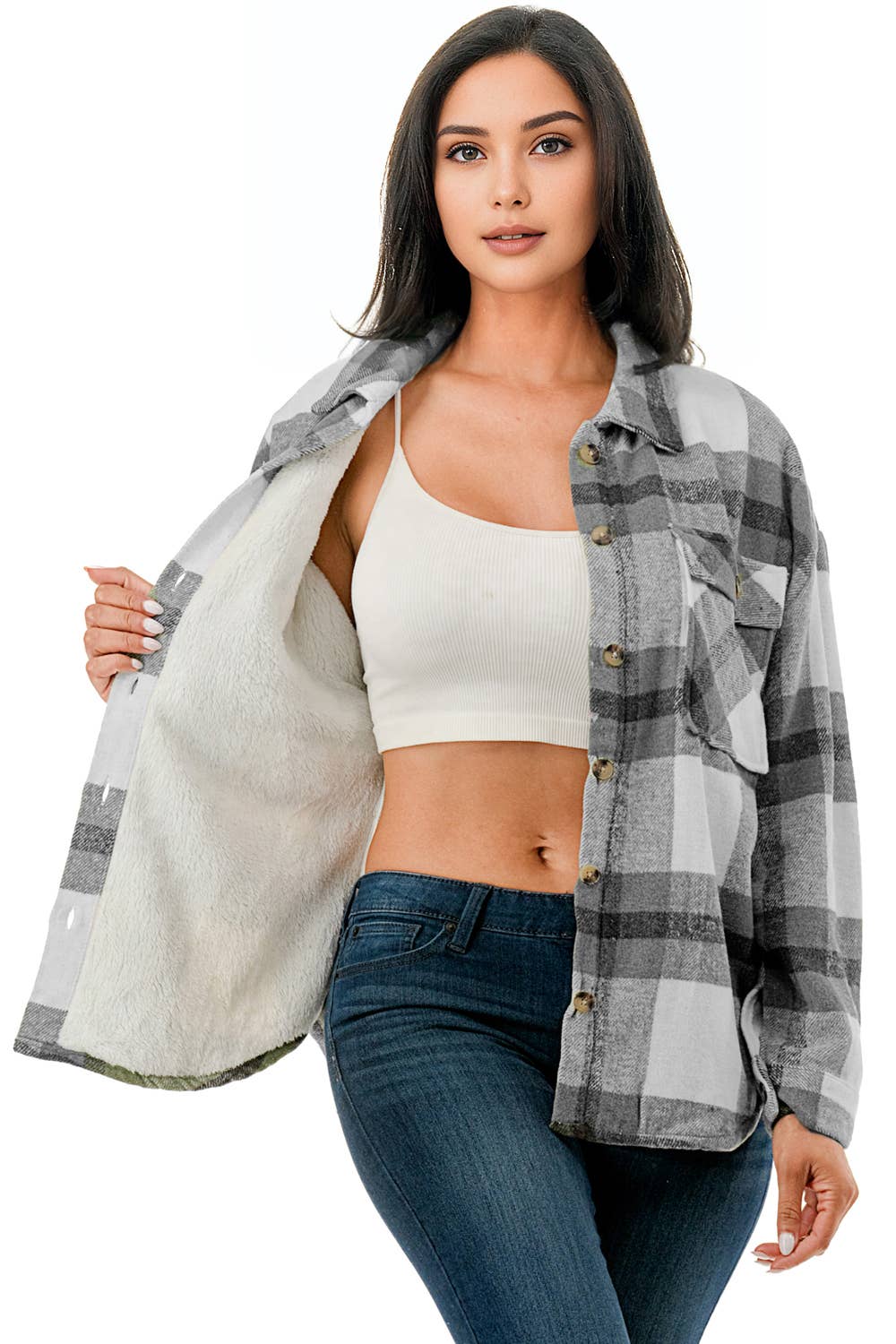 Plaid flannel shacket basic shirt jacket w/fur lined inside