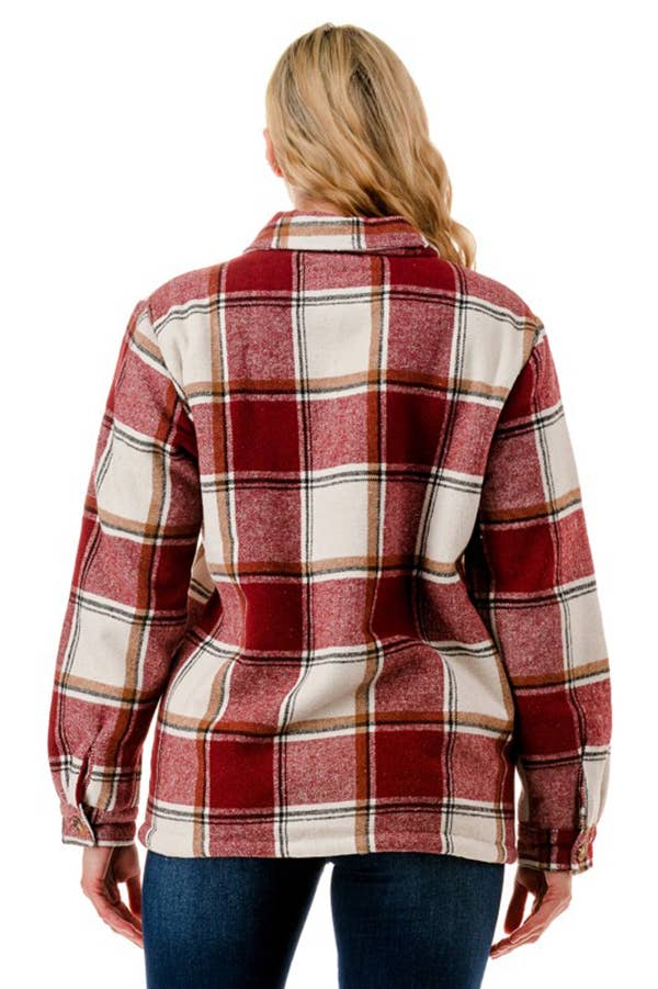 Fur lined plaid flannel shirt jacket shacket with pockets