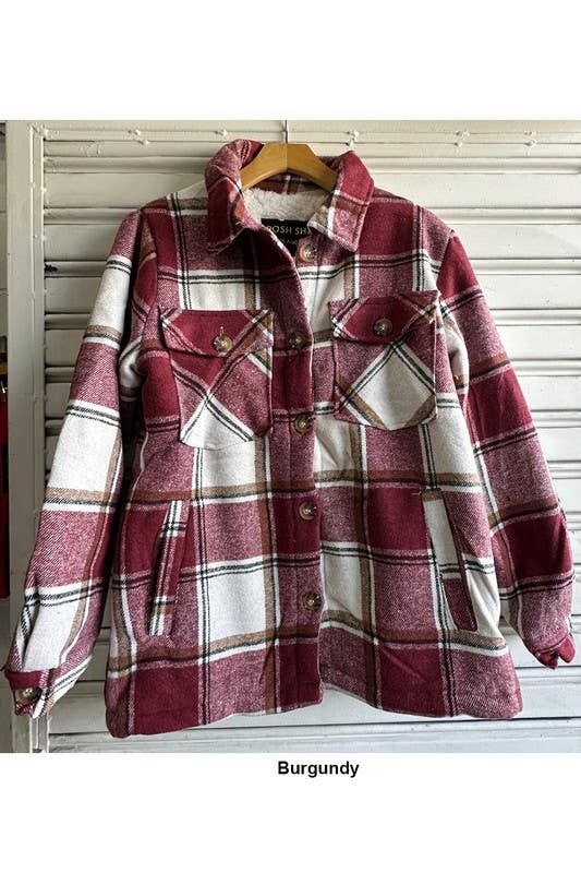 Fur lined plaid flannel shirt jacket shacket with pockets