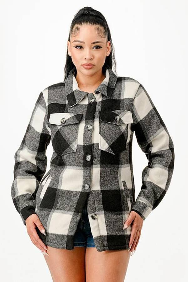 Fur lined plaid flannel shirt jacket shacket with pockets