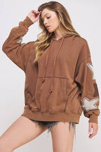 MINERAL WASHED LONG SLEEVE STAR PATCHED HOODIE