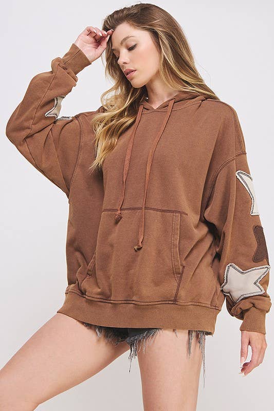 MINERAL WASHED LONG SLEEVE STAR PATCHED HOODIE