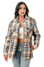 Fur lined plaid flannel shirt jacket shacket with pockets