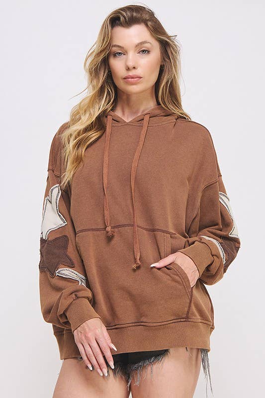 MINERAL WASHED LONG SLEEVE STAR PATCHED HOODIE
