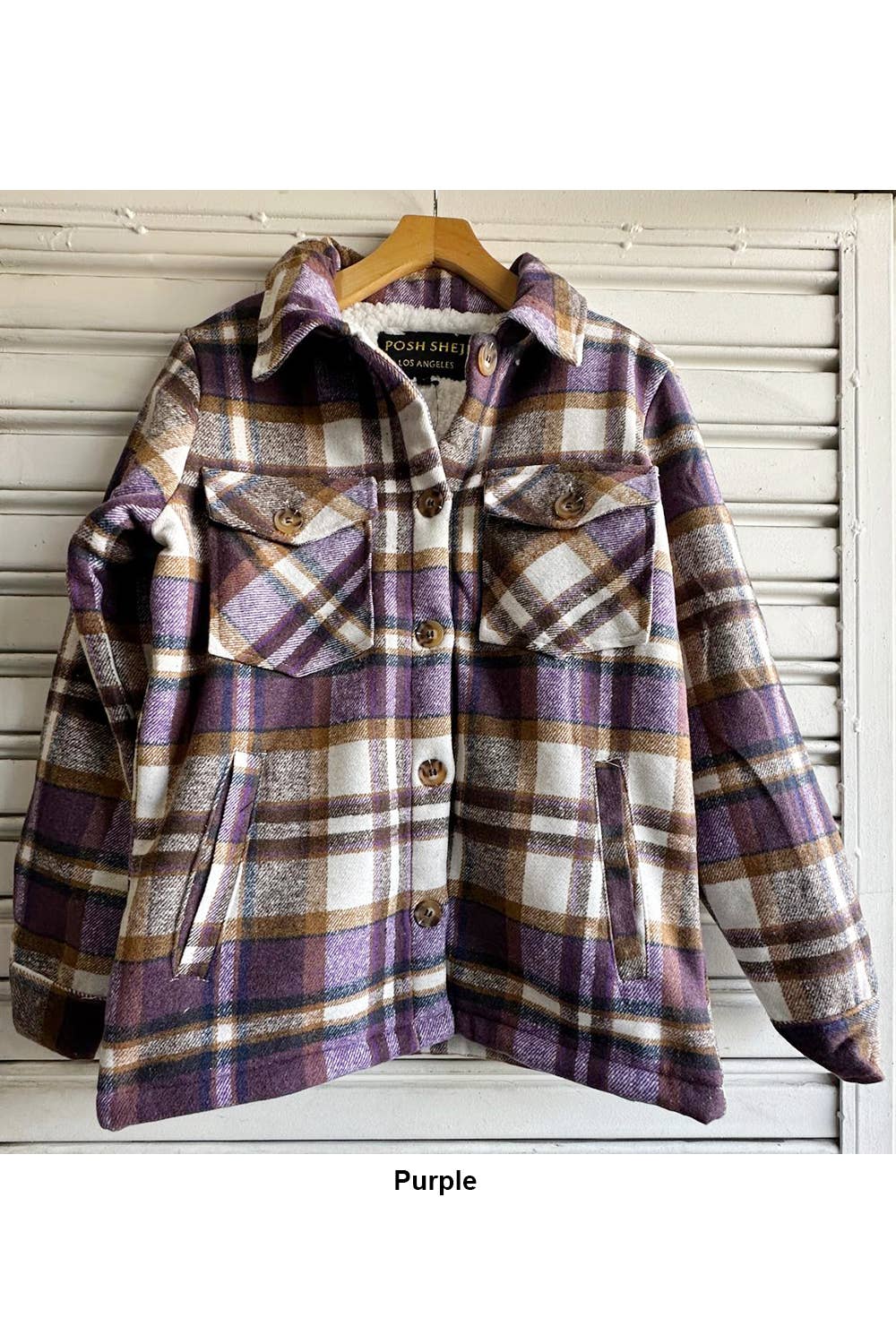 Fur lined plaid flannel shirt jacket shacket with pockets