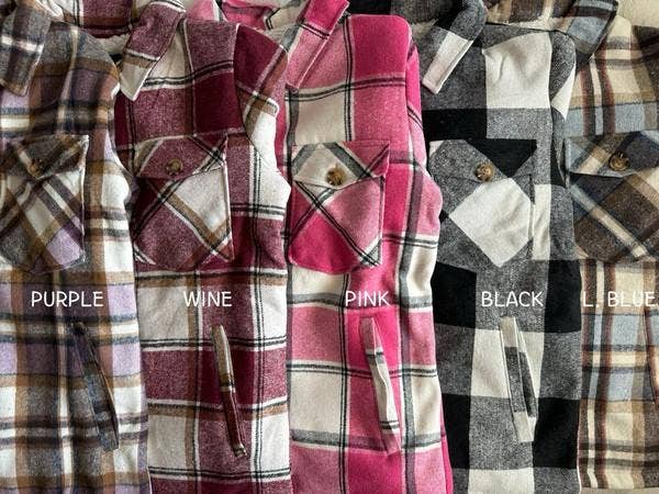 Fur lined plaid flannel shirt jacket shacket with pockets