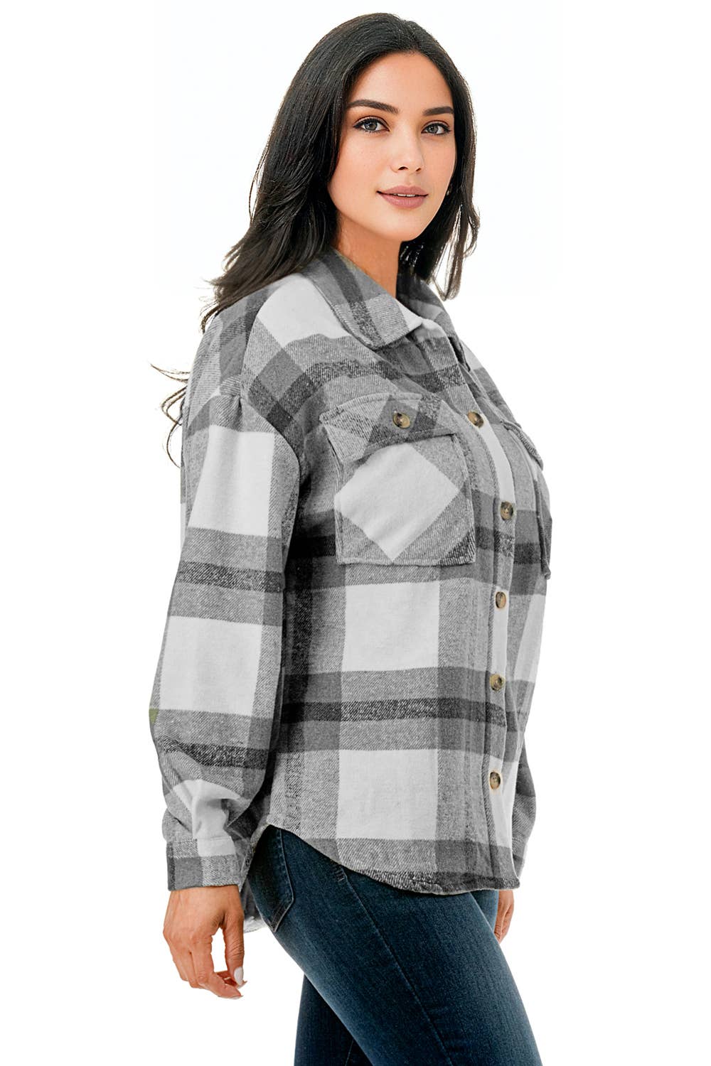 Plaid flannel shacket basic shirt jacket w/fur lined inside