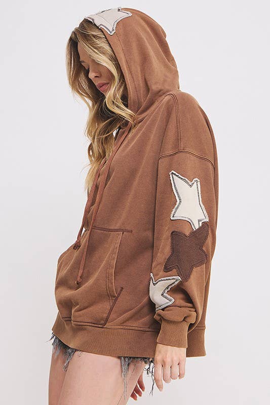 MINERAL WASHED LONG SLEEVE STAR PATCHED HOODIE