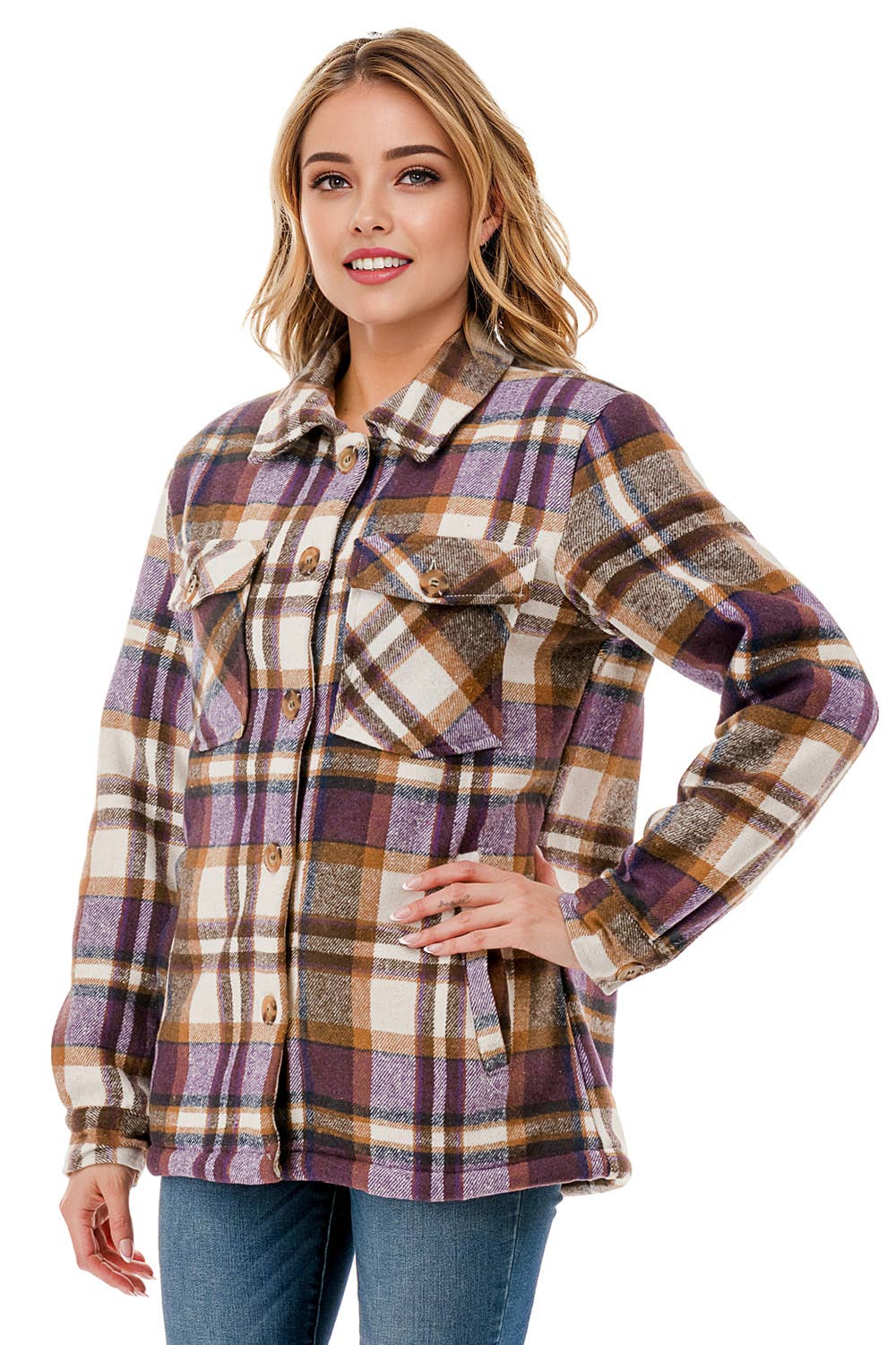 Fur lined plaid flannel shirt jacket shacket with pockets