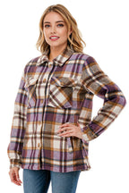 Fur lined plaid flannel shirt jacket shacket with pockets