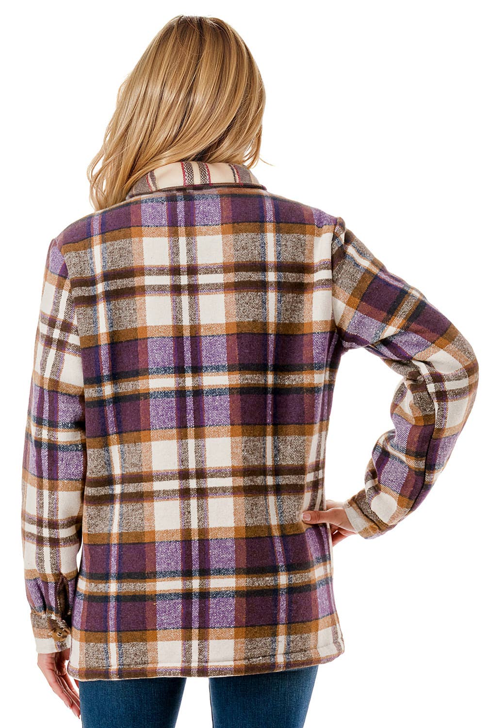 Fur lined plaid flannel shirt jacket shacket with pockets