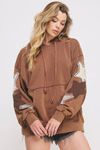 MINERAL WASHED LONG SLEEVE STAR PATCHED HOODIE