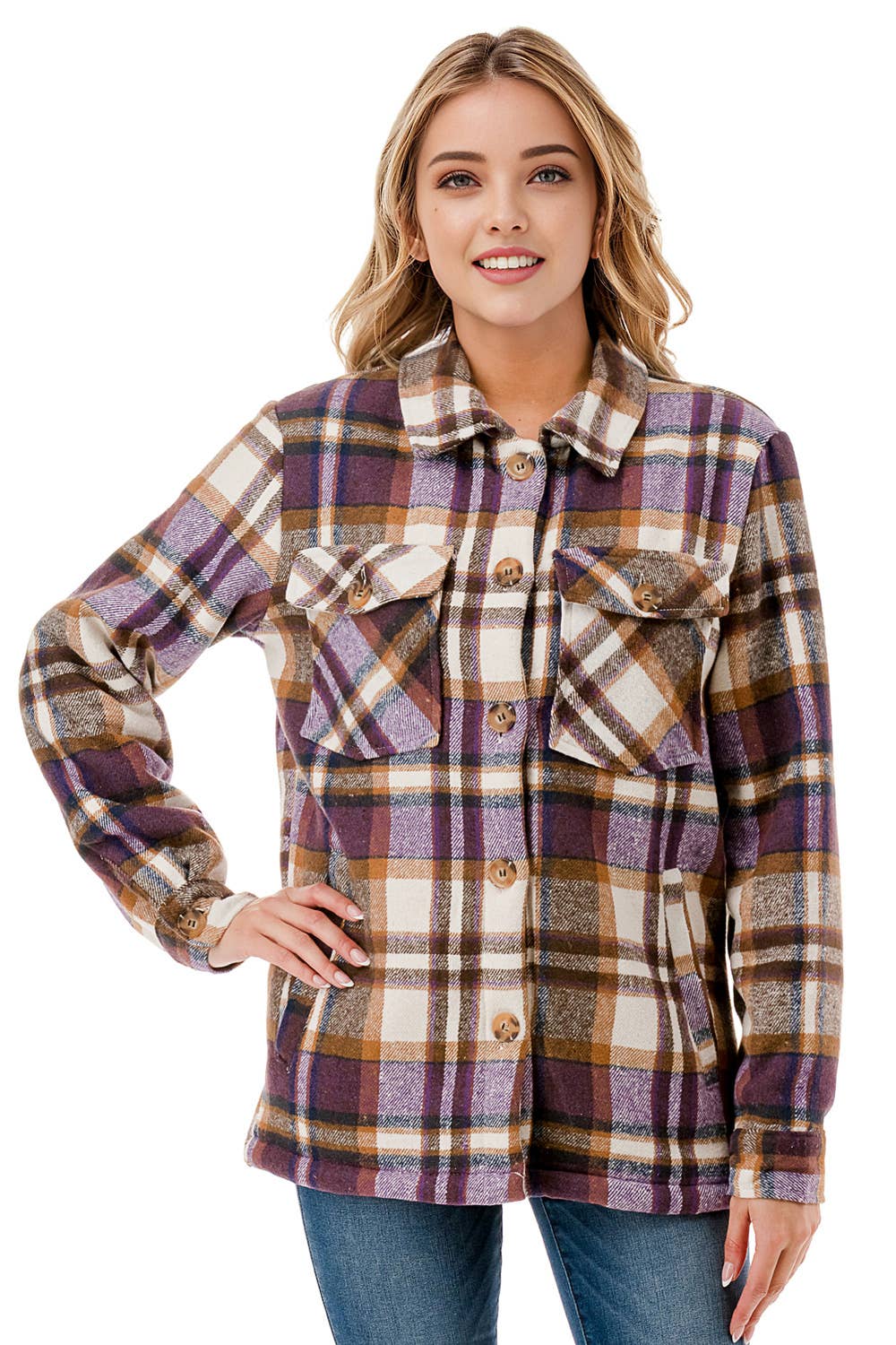 Fur lined plaid flannel shirt jacket shacket with pockets