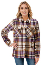 Fur lined plaid flannel shirt jacket shacket with pockets