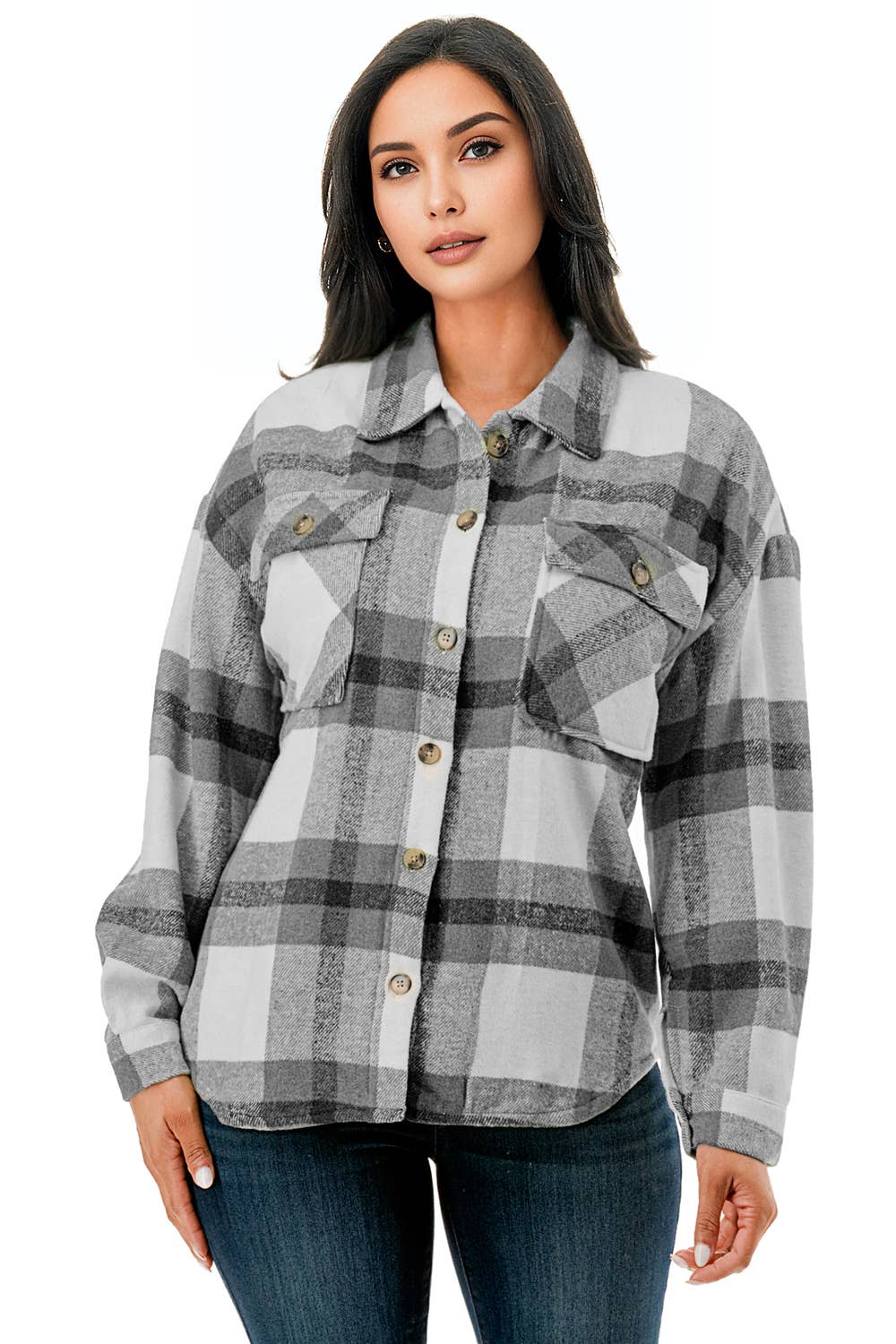 Plaid flannel shacket basic shirt jacket w/fur lined inside