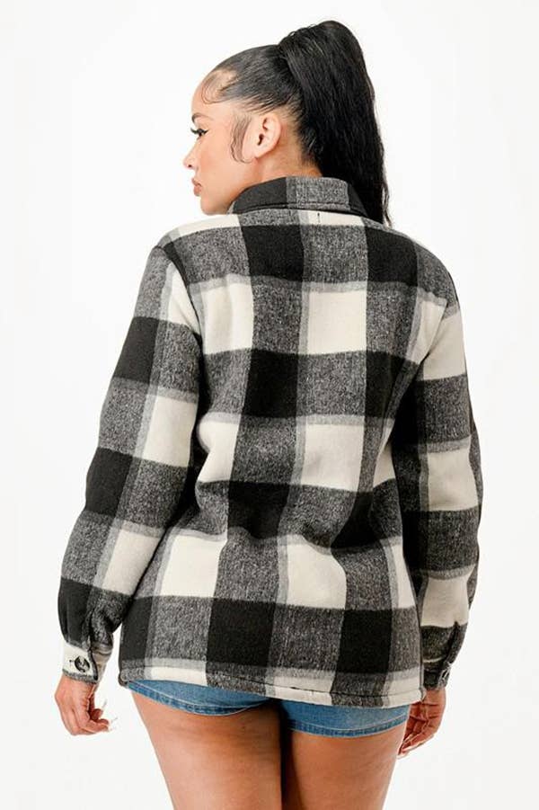 Fur lined plaid flannel shirt jacket shacket with pockets