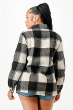 Fur lined plaid flannel shirt jacket shacket with pockets