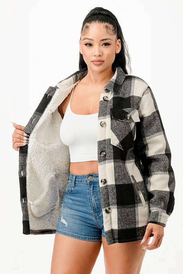 Fur lined plaid flannel shirt jacket shacket with pockets