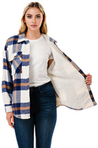 Plaid flannel shacket basic shirt jacket w/fur lined inside