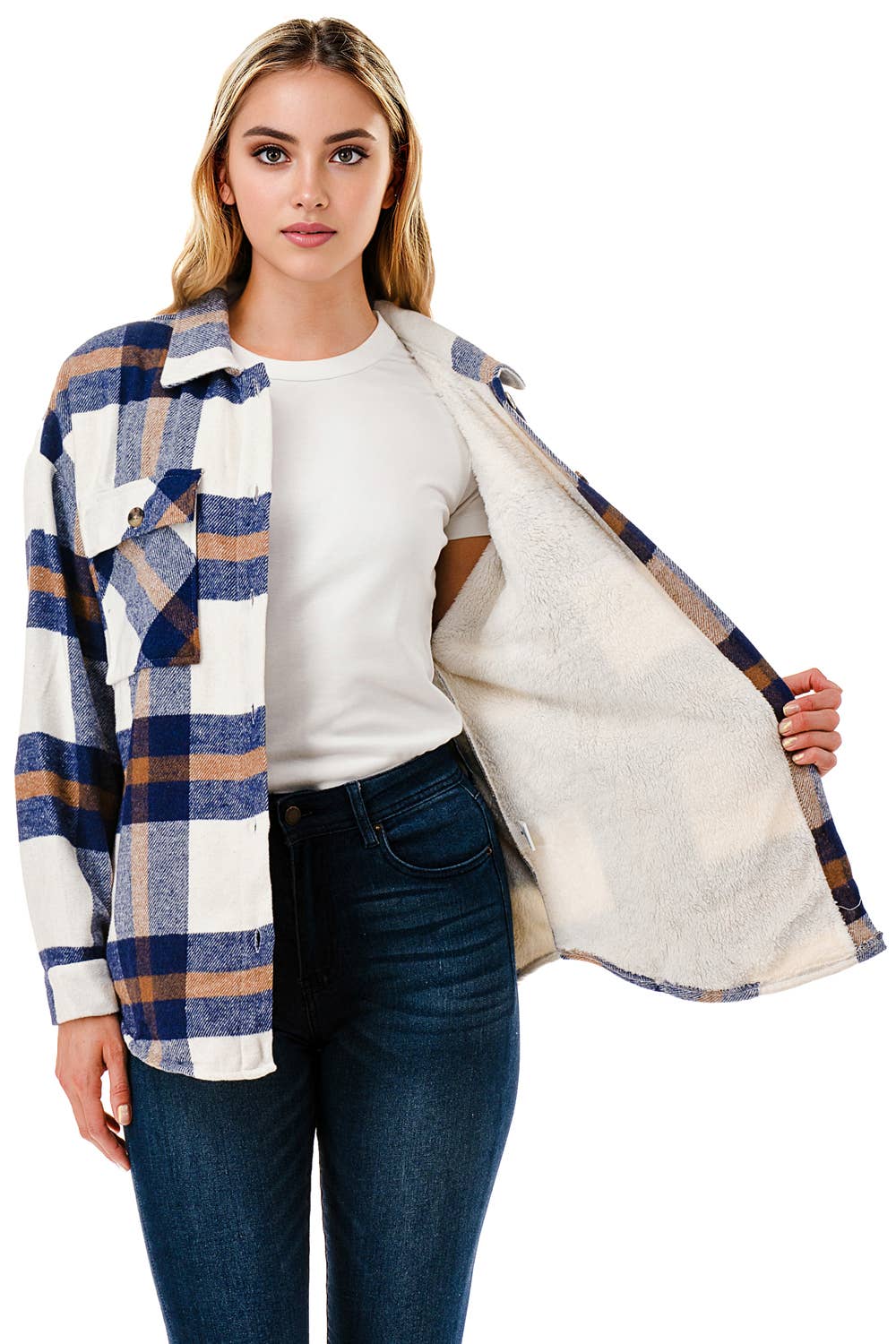 Plaid flannel shacket basic shirt jacket w/fur lined inside