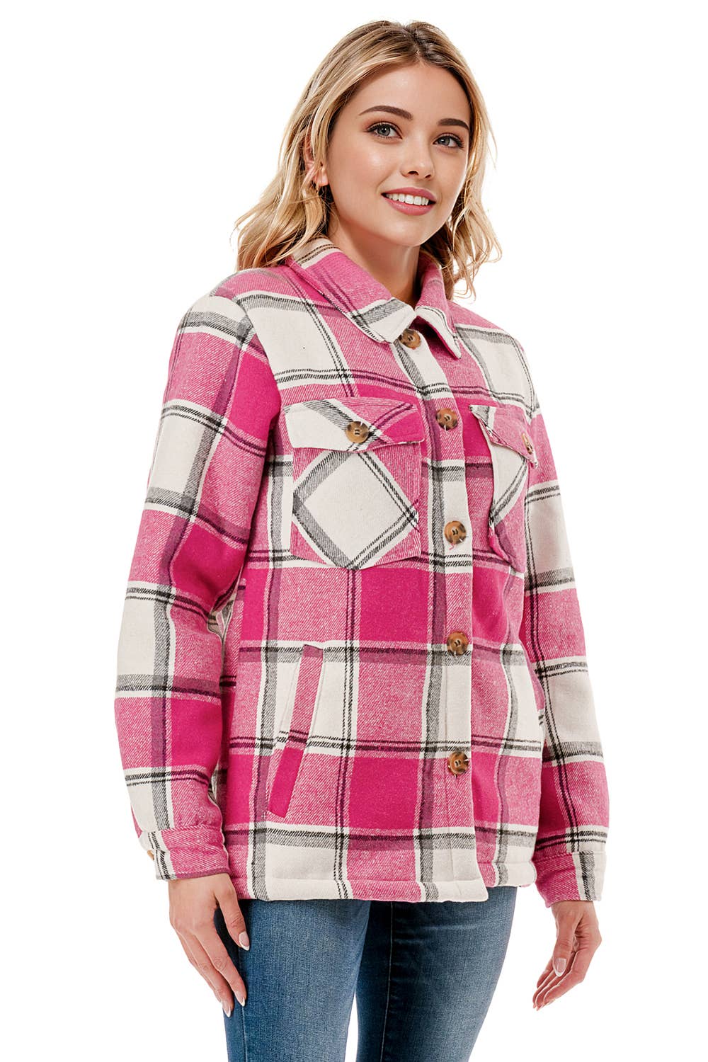 Fur lined plaid flannel shirt jacket shacket with pockets