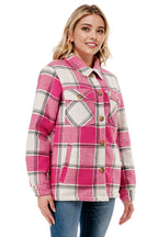 Fur lined plaid flannel shirt jacket shacket with pockets