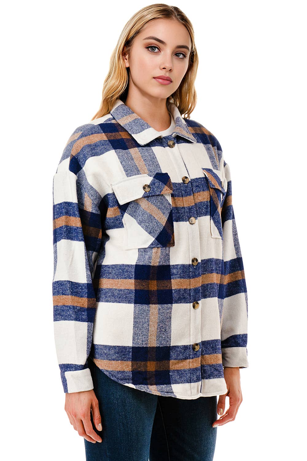Plaid flannel shacket basic shirt jacket w/fur lined inside